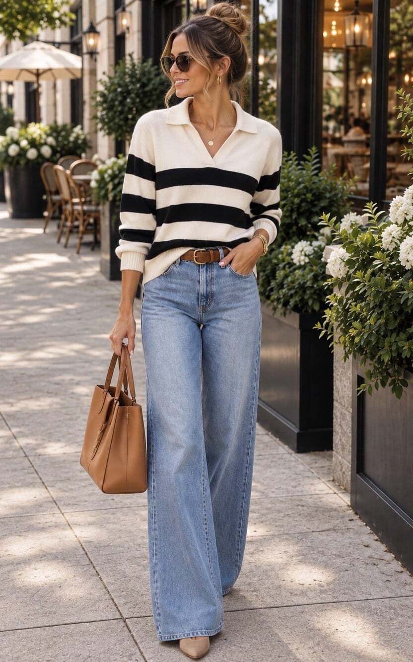 Vince Camuto S Sweater Ivory Black Stripe Collared V-Neck Pullover Soft Money